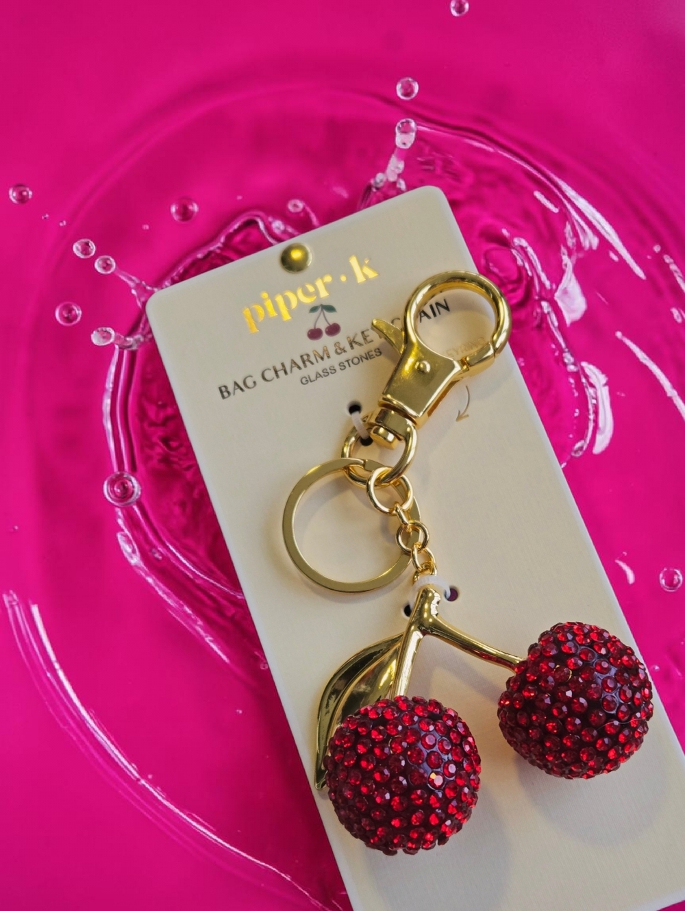 NEW Piper K Cherry With Glass Stones Bag Charm & Key Chain Gold & Red NWT